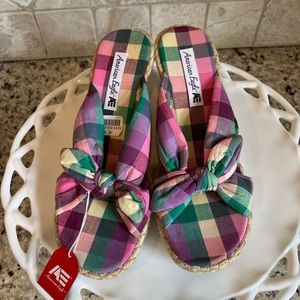 American Eagle NWT Pink Green Plaid Espadrille Sandals